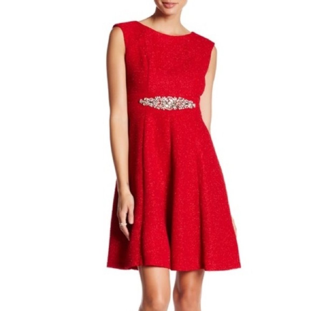 Eliza J Red Sparkle Jewel Waist Fit & Flare Dress Size 8 NWT